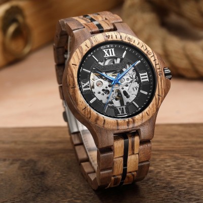 CUSTOM Engraved Mechanical Wood Watch for Men, PERSONALIZED Wood Watch for Husband Anniversary, Steampunk Watch Engraved, Valentines Gift